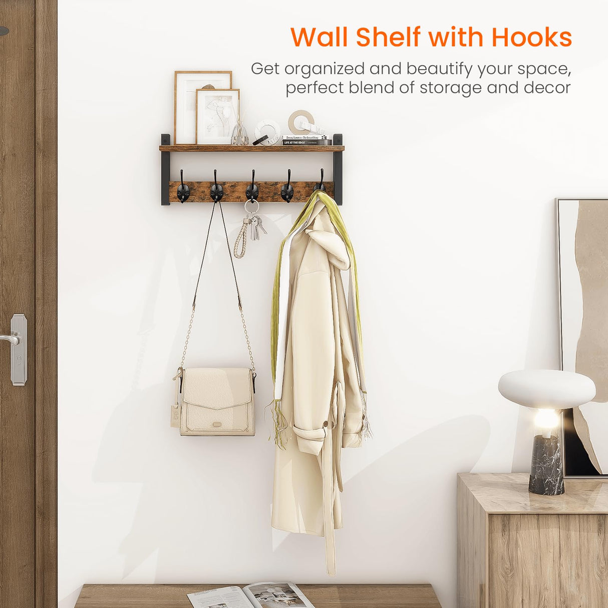 Homode Wall Hooks with Shelf, Wood Coat Rack with Shelf Wall-Mounted, Entryway Hanging Shelf with 5 Metal Hooks for Clothes Hats Towel Purse Robes, Bathroom Mudroom Bedroom, Rustic Brown Black Homode