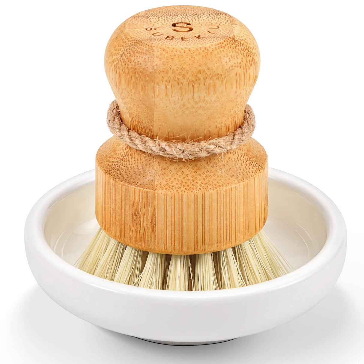 SUBEKYU Bamboo Dish Scrub Brush for Kitchen Sink, Natural Wooden Washing Dish Brush Scrubber, Sisal Bristles Brush for Household Cleaning Cast Iron Brush Pots, Pans and Vegetables SUBEKYU