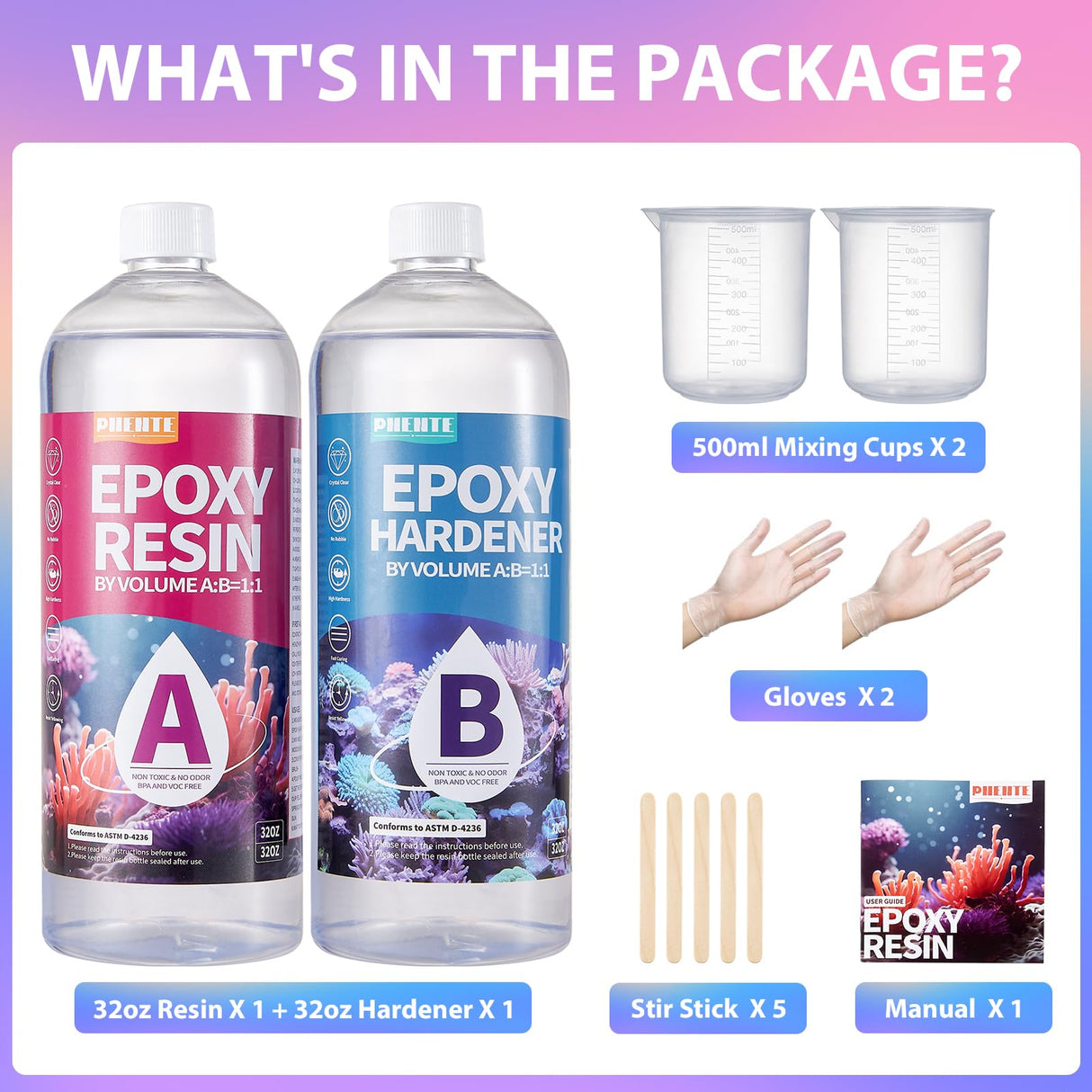 PNENTE 64OZ Epoxy Resin - Crystal Clear, No Yellowing, No Bubble, Self-Leveling Coating & Casting Resin (32OZ x 2) - Perfect for Table Tops, Molds, DIY Projects, 1:1 Mixing Ratio Pnente