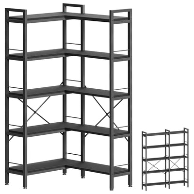 Huuger 5 Tier Bookshelf, L Shaped Corner Bookshelf with 10 Open Shelves, 49.4 Inch Straight Wide Bookcase with Metal Frame and Wooden Board, Adjustable Feet, Black