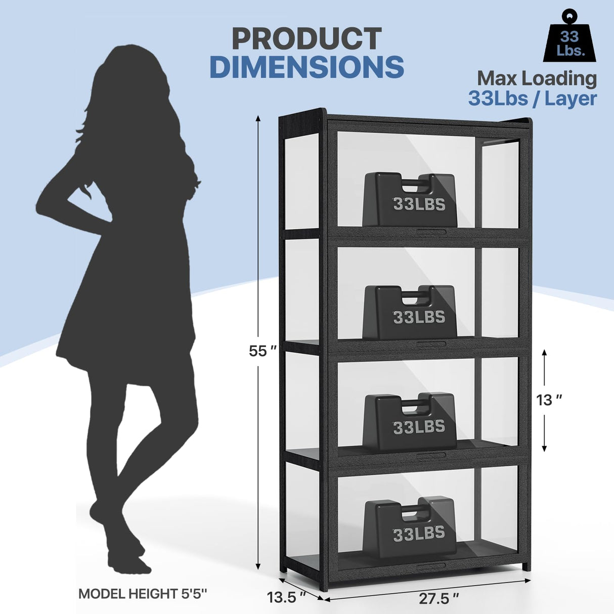 Magshion Display Cabinet with Acrylic Doors, 4-Tier Curio Cabinet for Collectibles, Display Case Showcase for Living Room, Office, 27.5"(L) x 13.5"(W) x 55"(H), Black Magshion