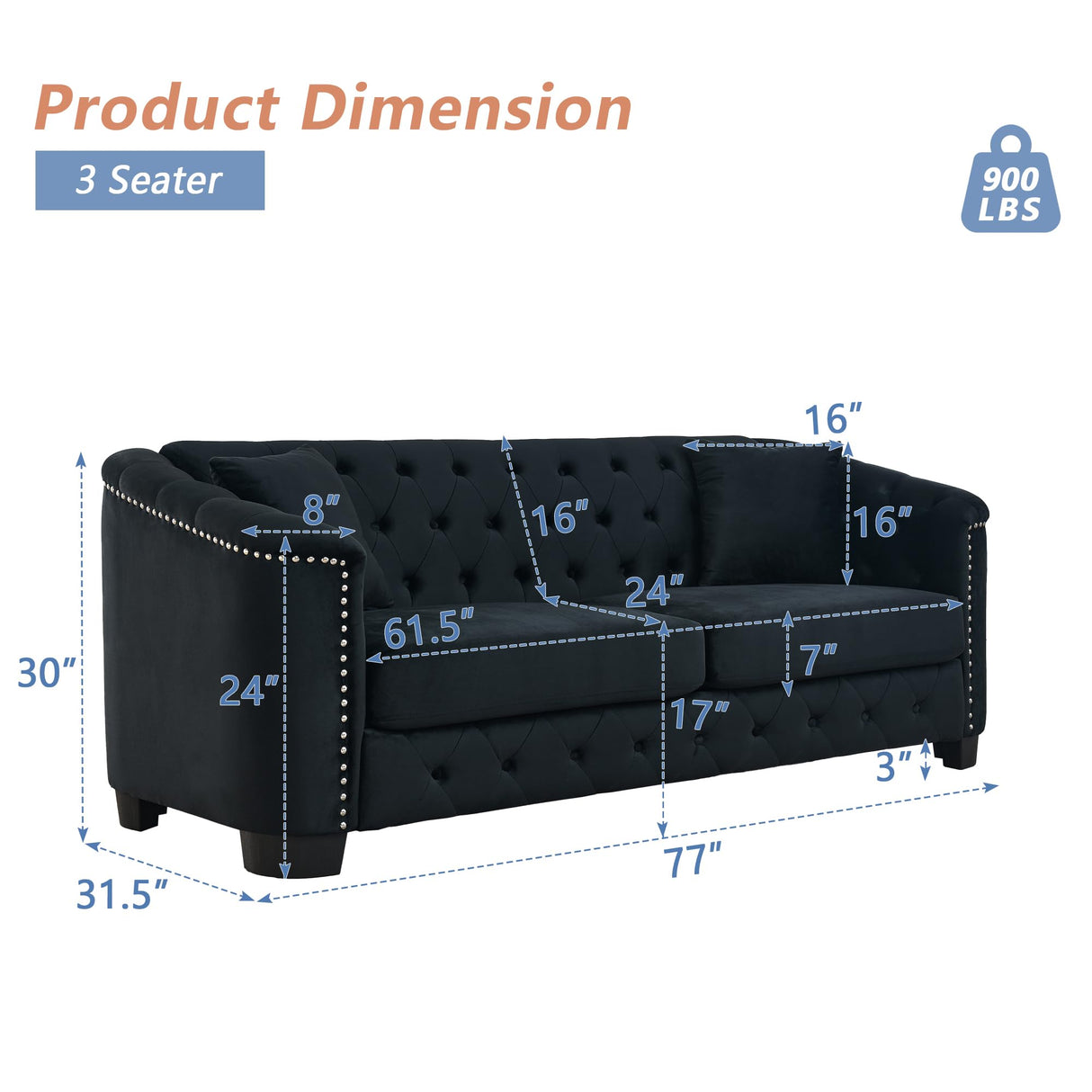mikibama Modern Chesterfield Velvet Sofa, 77 Inch Sectional Sofa, Luxury 3 Seater Upholstered Tufted Couch with Nailhead Arms and 2 Pillows for Living Room, Bedroom, Apartment(Black) mikibama