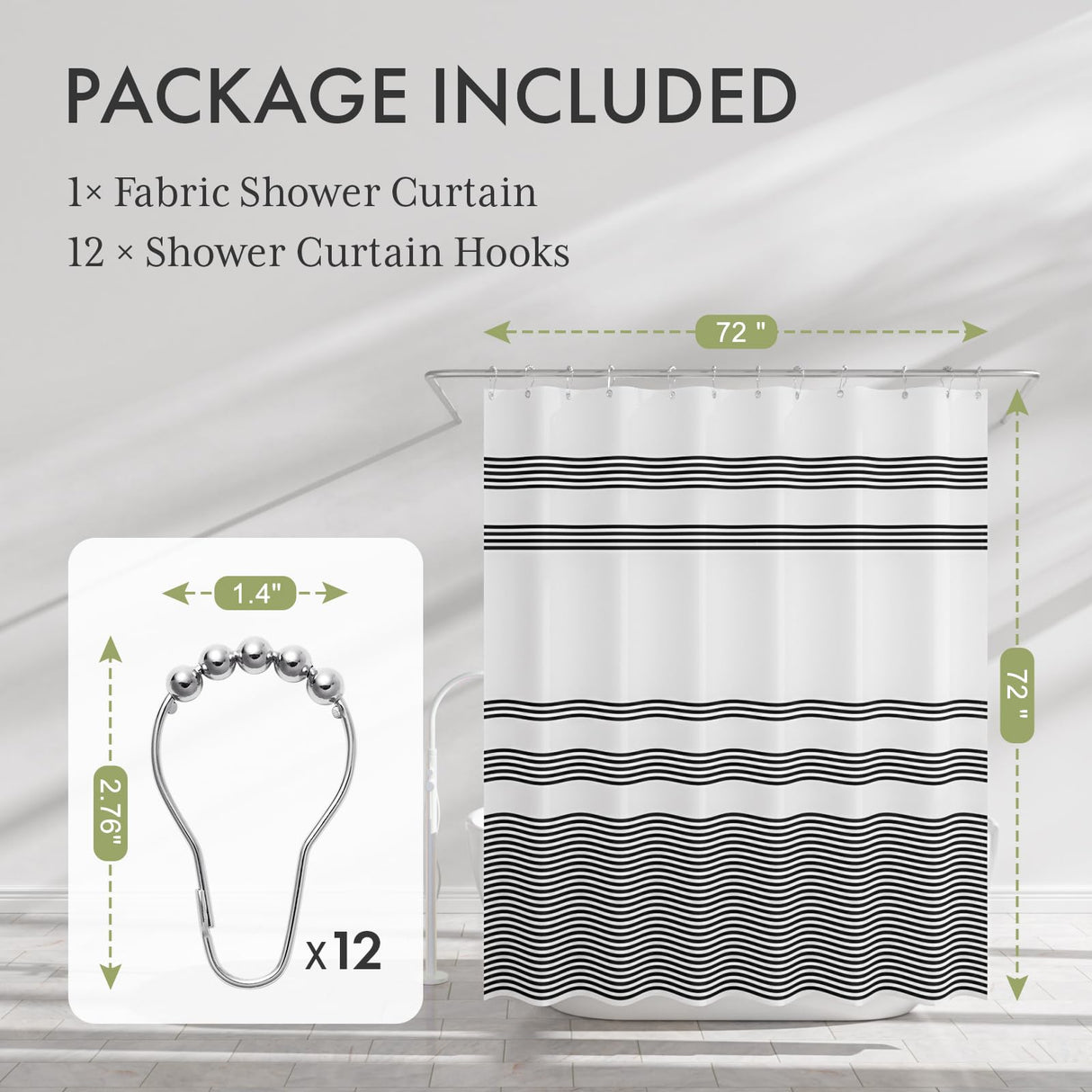 AmazerBath Shower Curtain, Washable Cloth Black Shower Curtain Sets with 12 Shower Curtain Hooks, Fabric Rustic Black and White Striped Shower Curtain, Farmhouse Bathroom Shower Curtain, 72x72 Inches AmazerBath
