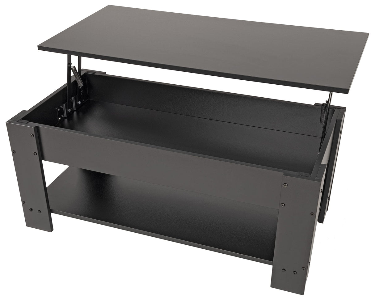 Elevon Lift Top Coffee Table with Hidden Compartment and Storage Shelf, 19"D x 37.5"W x 22"H, Black Elevon