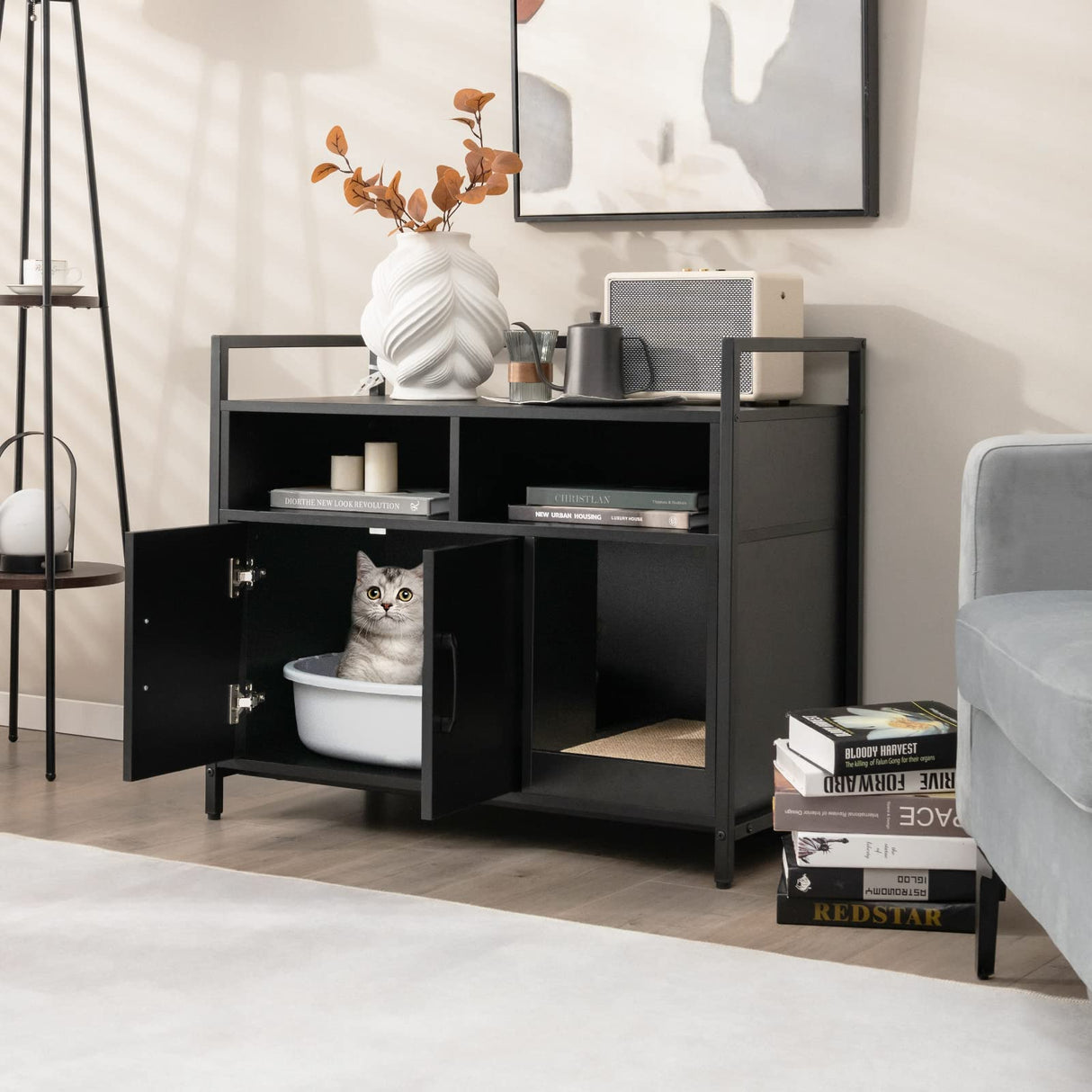 Tangkula Litter Box Enclosure, Cat Litter Box Furniture Hidden w/Metal Frame, Scratching Board, Storage Compartment, Wooden Cat Washroom, Indoor Cat House Side Table, Cat Box Cabinet (Black) Tangkula