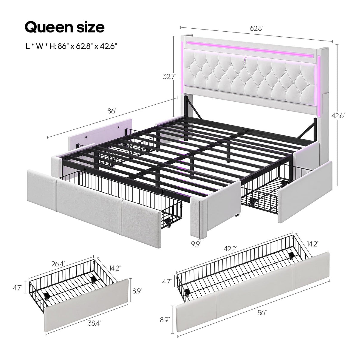 HAUOMS Queen Bed Frame with 3 XL Storage Drawers, Storage Headboard with RGB Lights & Charging Station, Velvet Upholstered Platform Bed Queen Size, No Box Spring Needed, Noise-Free, Creamy White HAUOMS