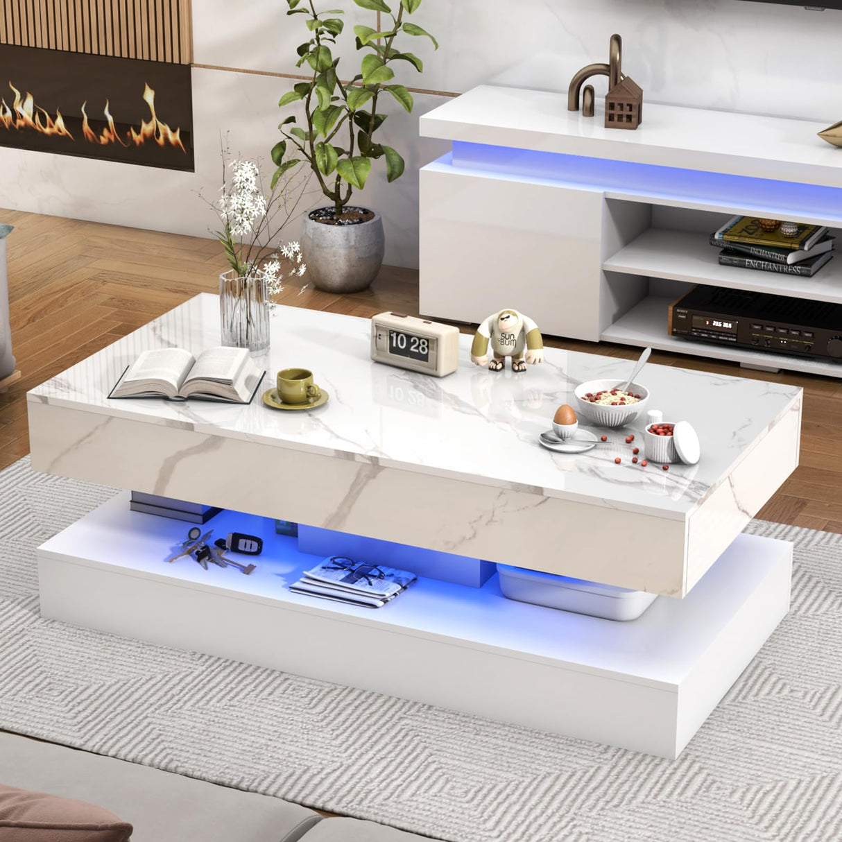 chartustriable 47inch Large High-Glossy LED Coffee Table with 2 Sliding Drawers, Living Room Storage Tables with Marbling Print, Modern Stylish Double-Layer Center Tables w/LED Lights, White chartustriable