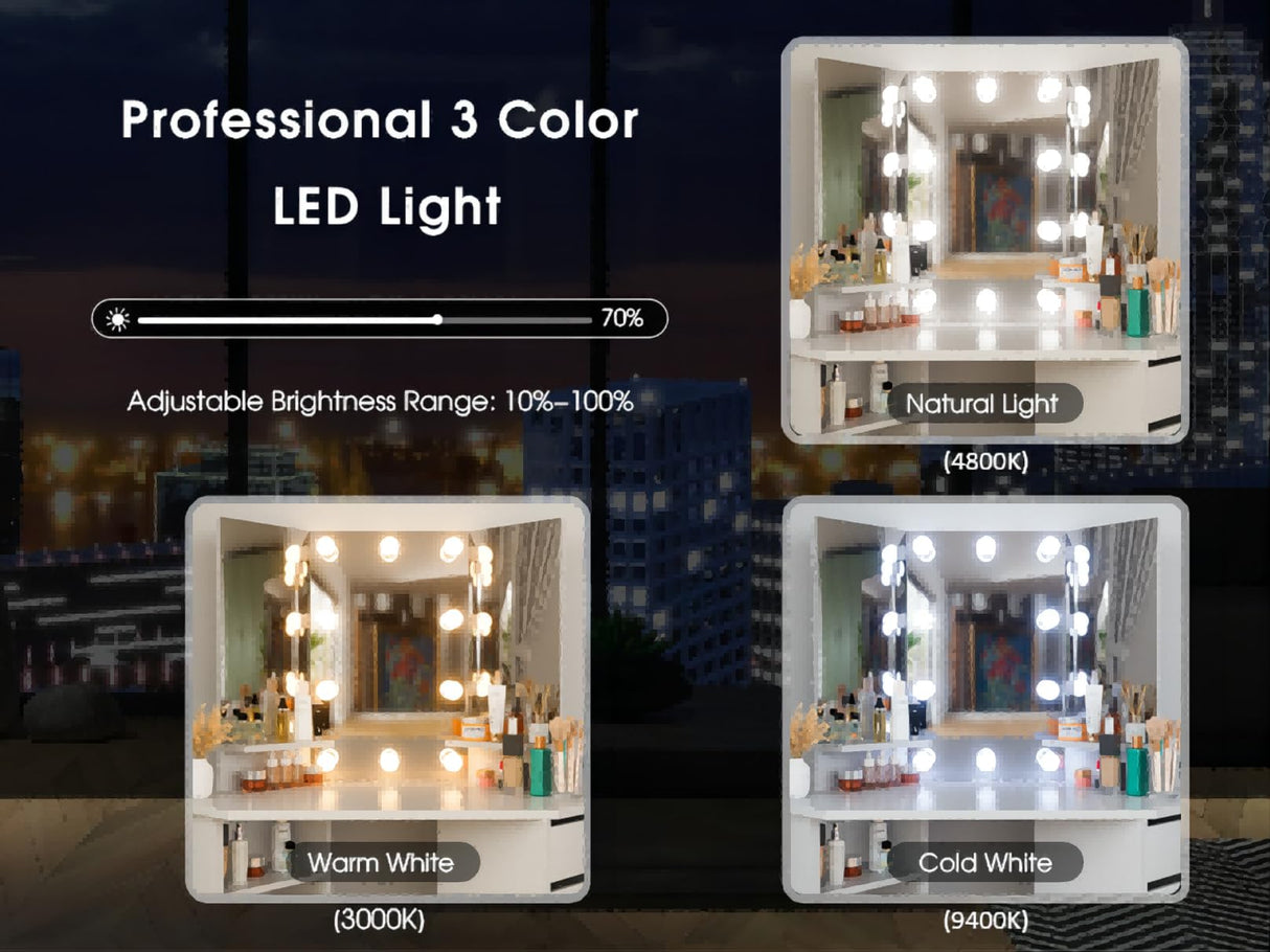 Corner Makeup Vanity Desk with Mirror and Lights - White Vanity Table with 3 Lighted Mirrors 5 Drawers Bedroom Makeup Table with Storage Shelf 44'' Dressing Table for Women Girls Soldow