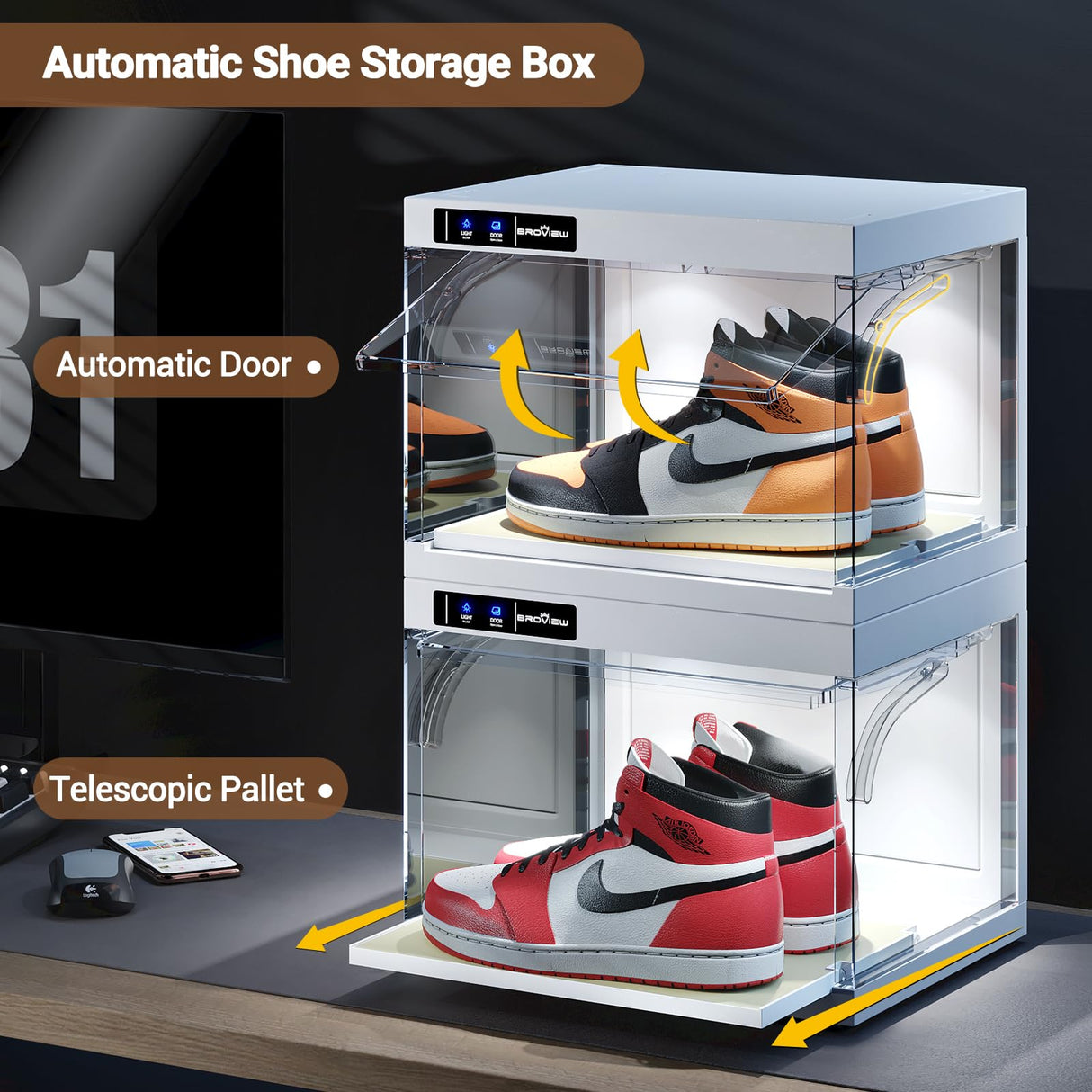 BROVIEW Smart Shoe Display Box with Led Lights, Clear Plastic Stackable Shoe Storage Box, Auto-Opening Shoe Organizer Sneaker Case, Remote Control LED Shoe Boxes, Collection Crate, 1 Pack White BROVIEW