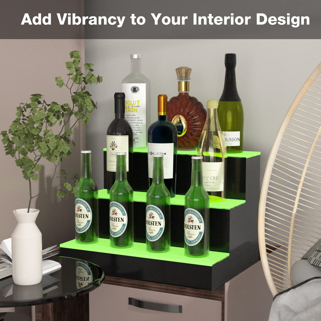 HIGOSPRO LED Liquor Bottle Display Shelf, 16 inch 3-Step Lighted Acrylic Lighted Bar Shelf for Home, Illuminated Home Bar Shelf, Acrylic Lighted Bottle Display Stand with RF Remote HIGOSPRO