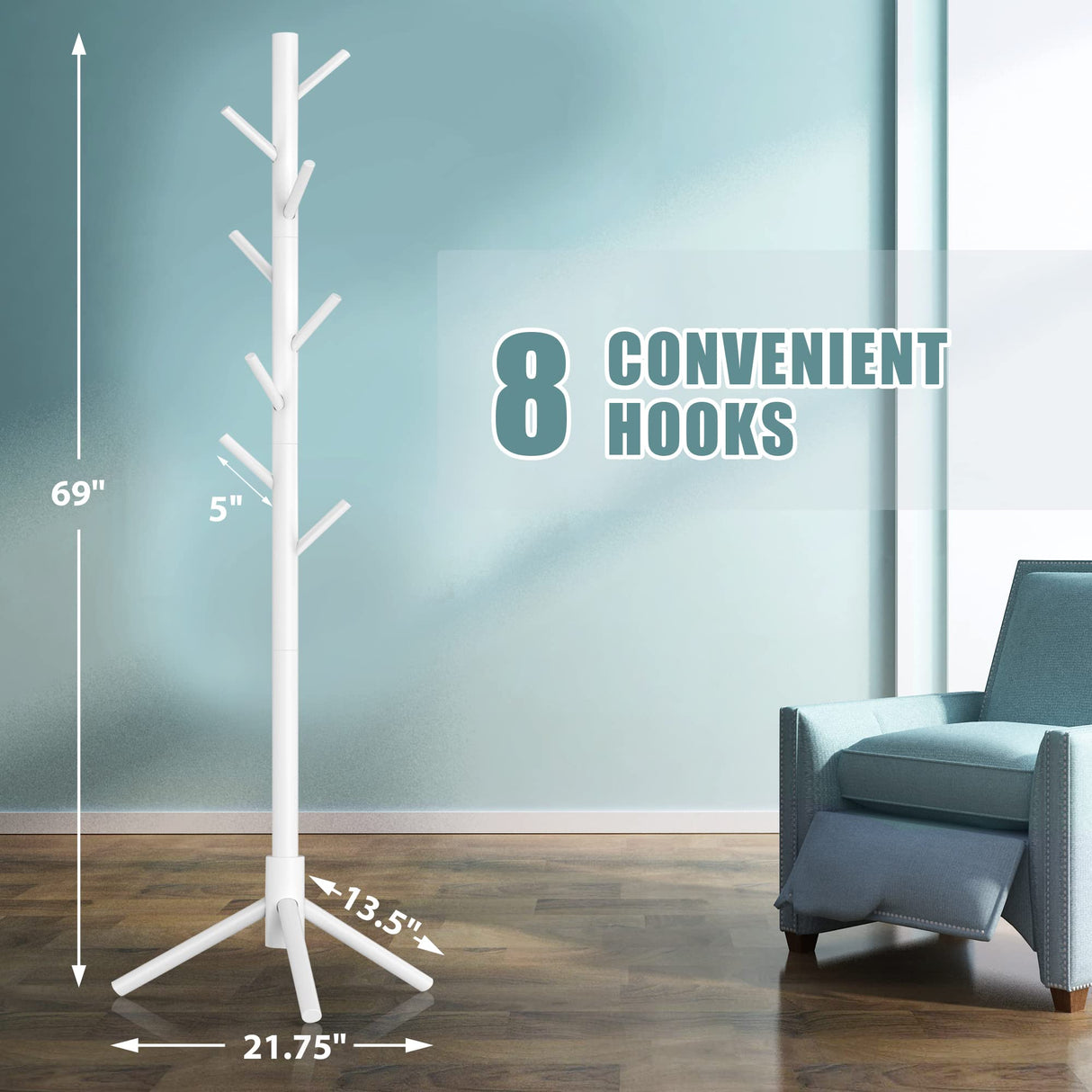 Haddockway Wooden Coat Rack Stand with 8 Hooks New Zealand Pine 3 Adjustable Coat Standing Tree Easy Assembly for Coats, Hats, Scarves and Handbags for Entryway, Hallway, Bedroom, Office, white Haddockway