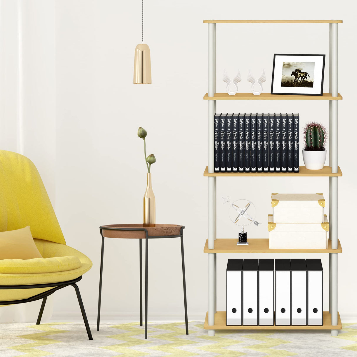 Furinno Turn-N-Tube 5-Tier Multipurpose Shelf / Display Rack / Storage Shelf / Bookshelf, Round Tubes, Beech/White Furinno