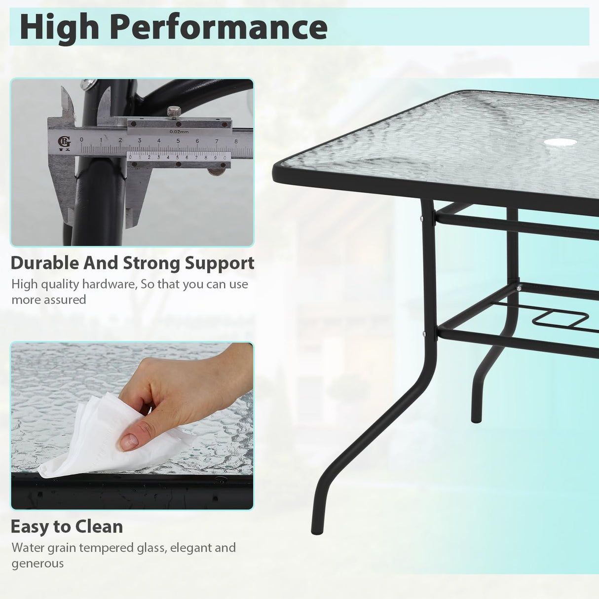 Square Outdoor Table, Patio Table with Umbrella Hole, Patio Dining Table with Tempered Glass, Outdoor Dining Tables, Square Patio Table for Balcony, Backyard, Poolside, Sunroom, Patio Tables, Black MKDLUFEI