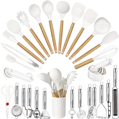 Cooking Utensils Set- 35 PCs Kitchen Utensils with Grater,Tongs, Spoon Spatula &Turner Made of Heat Resistant Food Grade Silicone and Wooden Handles Kitchen Gadgets Tools Set for Cookware