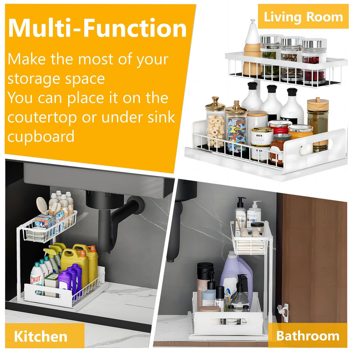 Ceetug Under Sink Organizers and Storage 2 Tier Slide Out Kitchen Cabinet Organizer Sturdy Metal Bathroom Storage (White, 1 Pack) Ceetug