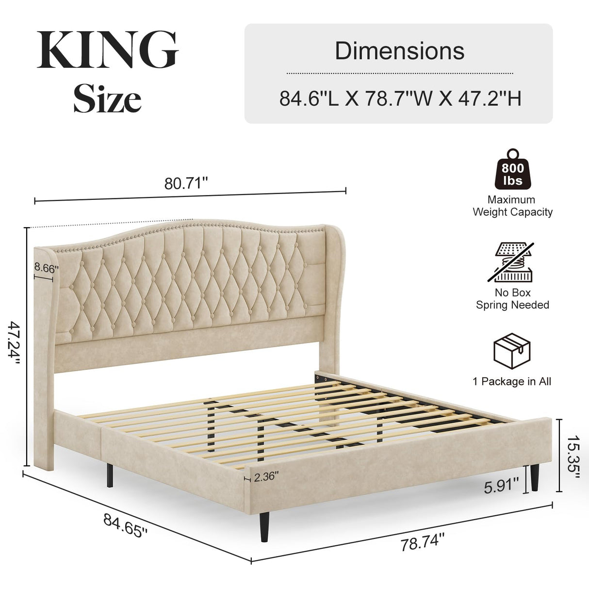 Belffin King Bed Frame and Headboard, Luxury Upholstered Velvet Platform Bed with Wingback, Button Tufted & Nailhead Trim, Anti-Slide Tall Footboard, No Box Spring Needed, Noise-Free, Beige Belffin