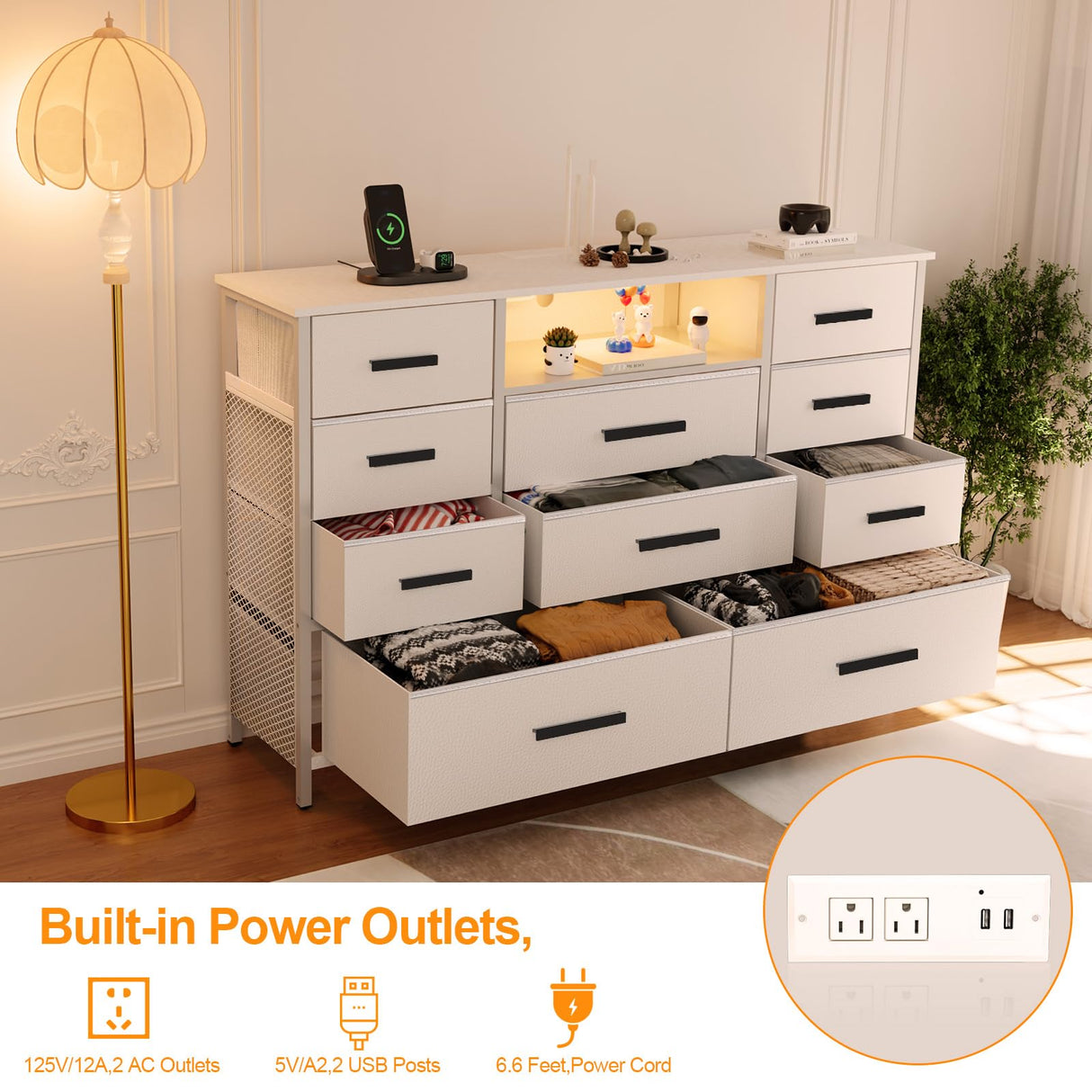 Harpaq White Dresser for Bedroom with 10 Drawers, Dresser with Charging Station, TV Stand Dresser with LED Light for 55" TV, Fabric Drawer Dresser with PU Finish, Chest Dresser for Bedroom, Closet Harpaq