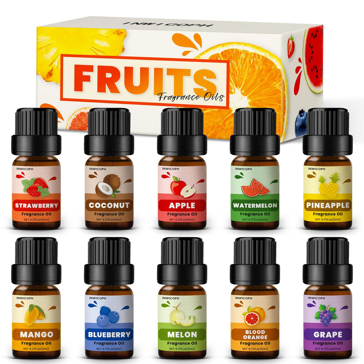 Fruity Fragrance Oil for Candle & Soap Making, INWICOPH Premium Essential Oils 5ml x 10 - Blueberry, Strawberry, Mango, Blood Orange, Essential Oil Diffusers for Home INWICOPH