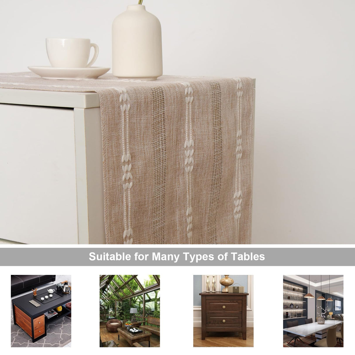 Hpxrom Rustic Small Linen Table Runner Farmhouse Burlap Boho Striped Table Runners Light Coffee Short Table Runner with Hand-Tassels for Dining Wedding Dresser and End Table Decor 14 x 36 Inches Hpxrom