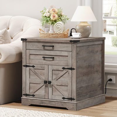 RALGEND Farmhouse End Table with Charging Station, 24'' Sofa Side Table with 2 Drawers and Barn Door, Large Rustic Wooden Square Nightstand for Bedroom, Living Room, Greige