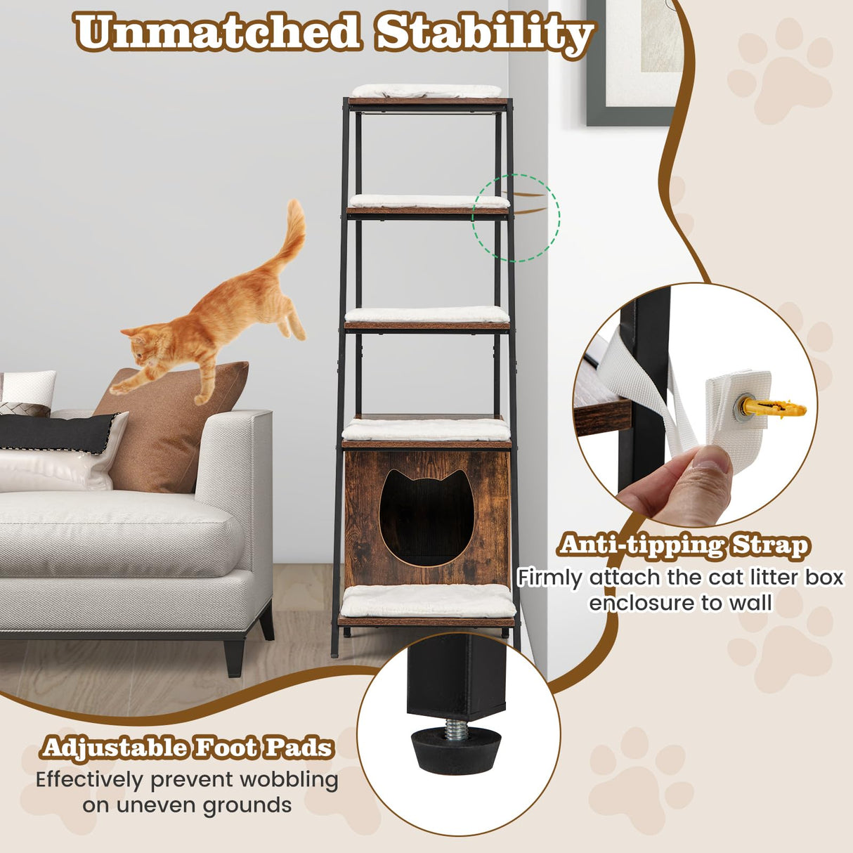 PETSITE Cat Litter Box Furniture with 3-Tier Ladder Shelves and Doors, 59 inch Cat Box Enclosure with Removable Plush Mats, Indoor Hidden Litter Box with Decorative Storage Shelving (Rustic Brown) PETSITE