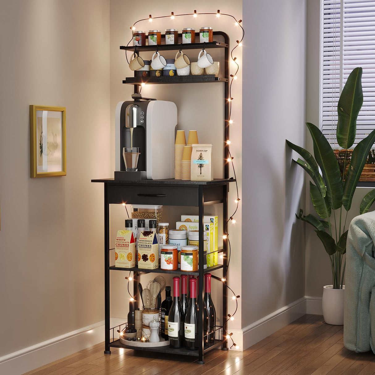 Homsorout Coffee Bar Station - Bakers Rack with Fabric Drawer, Microwave Oven Storage Stand, Bakers Rack for Coffee Stand Station, Home Kitchen Organizer, Black Homsorout