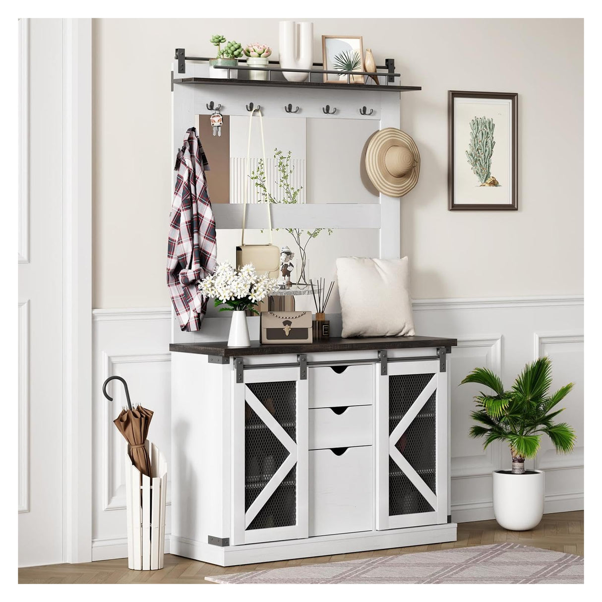 TROPOW Home Farmhouse Hall Tree with High-Definition Mirrors, Spacious Storage Space, and Stable Shoe Cubbies - Multifunctional Coat Rack and Bench for Entryway, White TROPOW