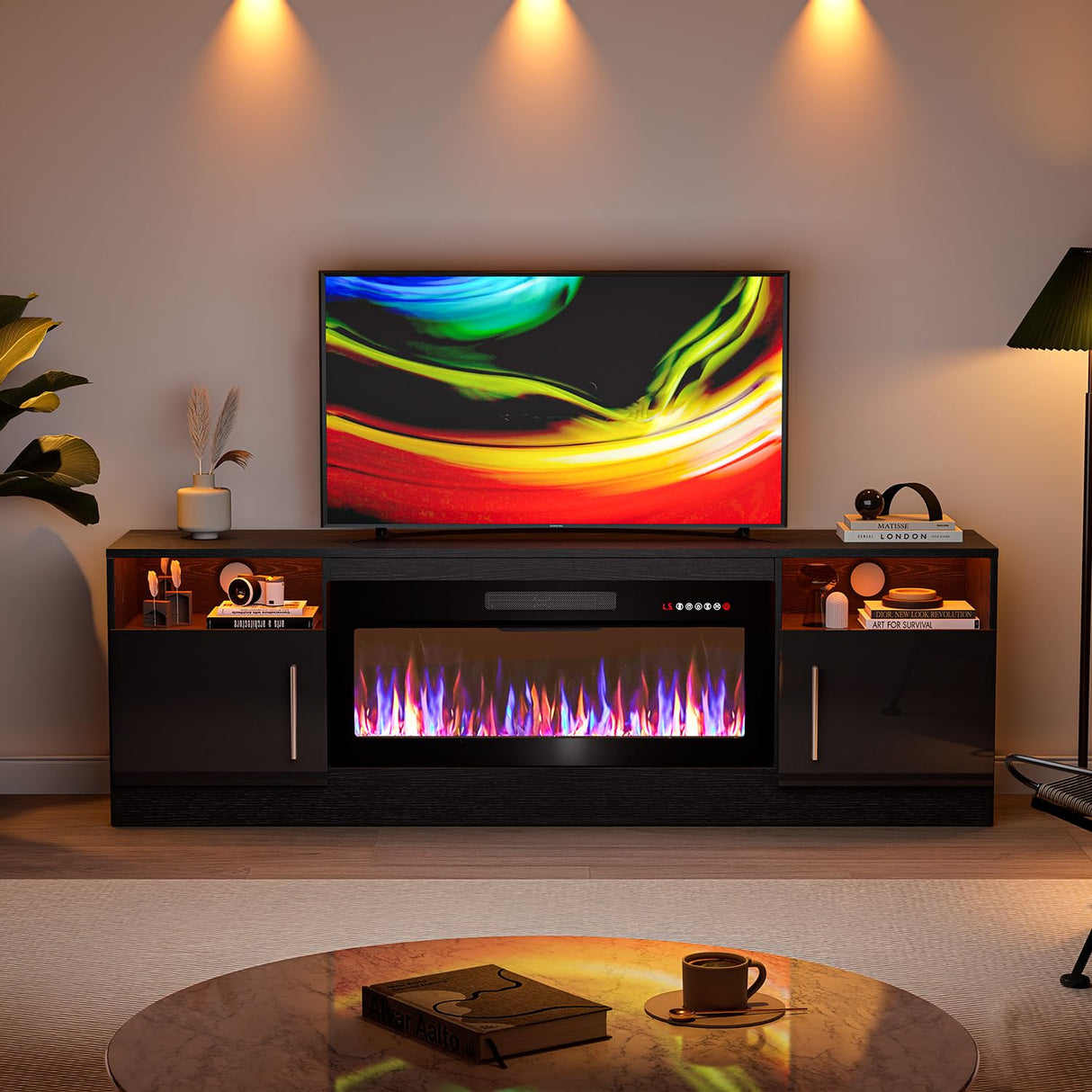VITESSE Fireplace with TV Stand 36" inch Electric Fireplace Up to 80" TVs, LED Light Entertainment Center, 70" Modern Wood High Gloss with Highlight Storage Cabinet for Living Room (Black) VITESSE