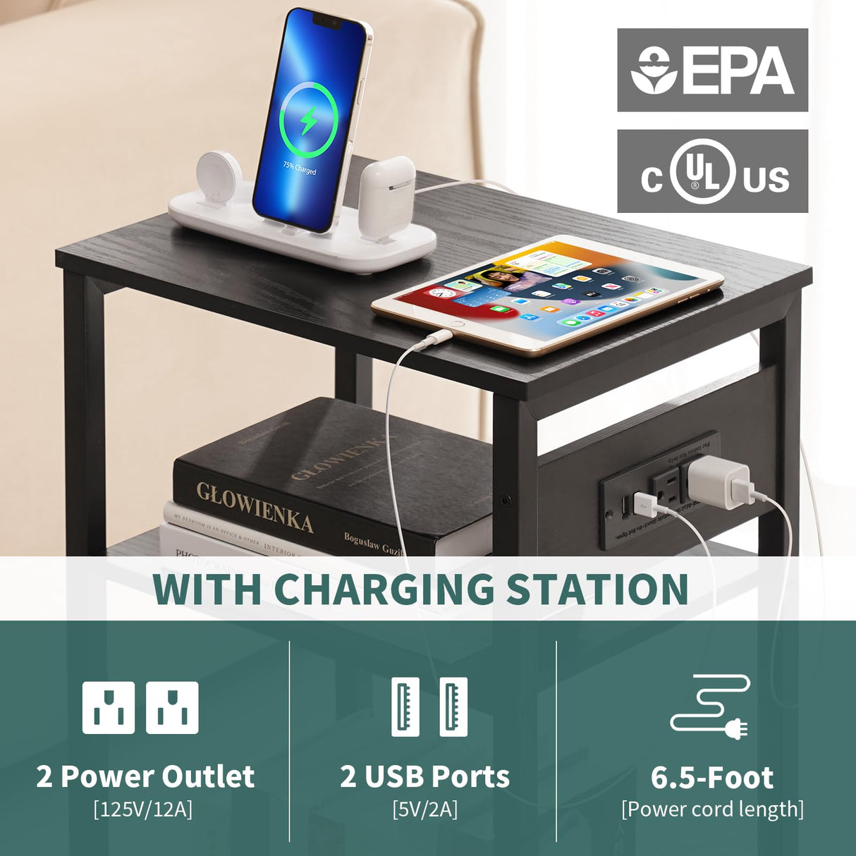 Yoobure Record Player Stand, 3-Tier End Table with Charging Station, Small Side Table for Living Room Bedroom, Nightstand for Vinyl Storage, Tall Beside Tables Turntable Stand for Album CD Yoobure