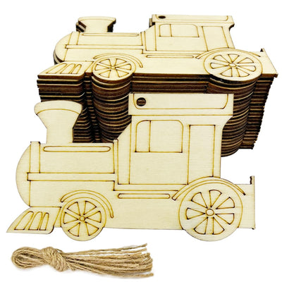 30pcs Unfinished Train Wood DIY Crafts Cutouts Wooden Train Shaped Hanging Ornaments with Hole Hemp Ropes Gift Tags for Home Party Decoration Craft Project