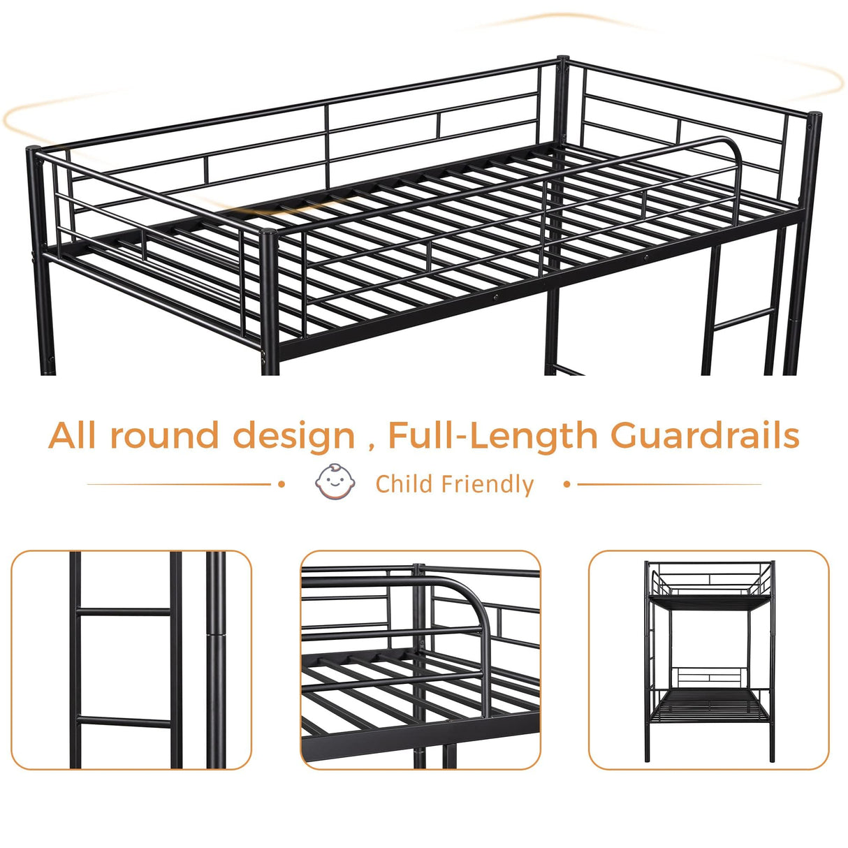 Merax Bunk Bed with Ladder and high Guardrail, Able to Split, Metal Bunk Bed, Storage Space, Noise Free,Twin Over Twin Size Bunk Bed,Black Merax