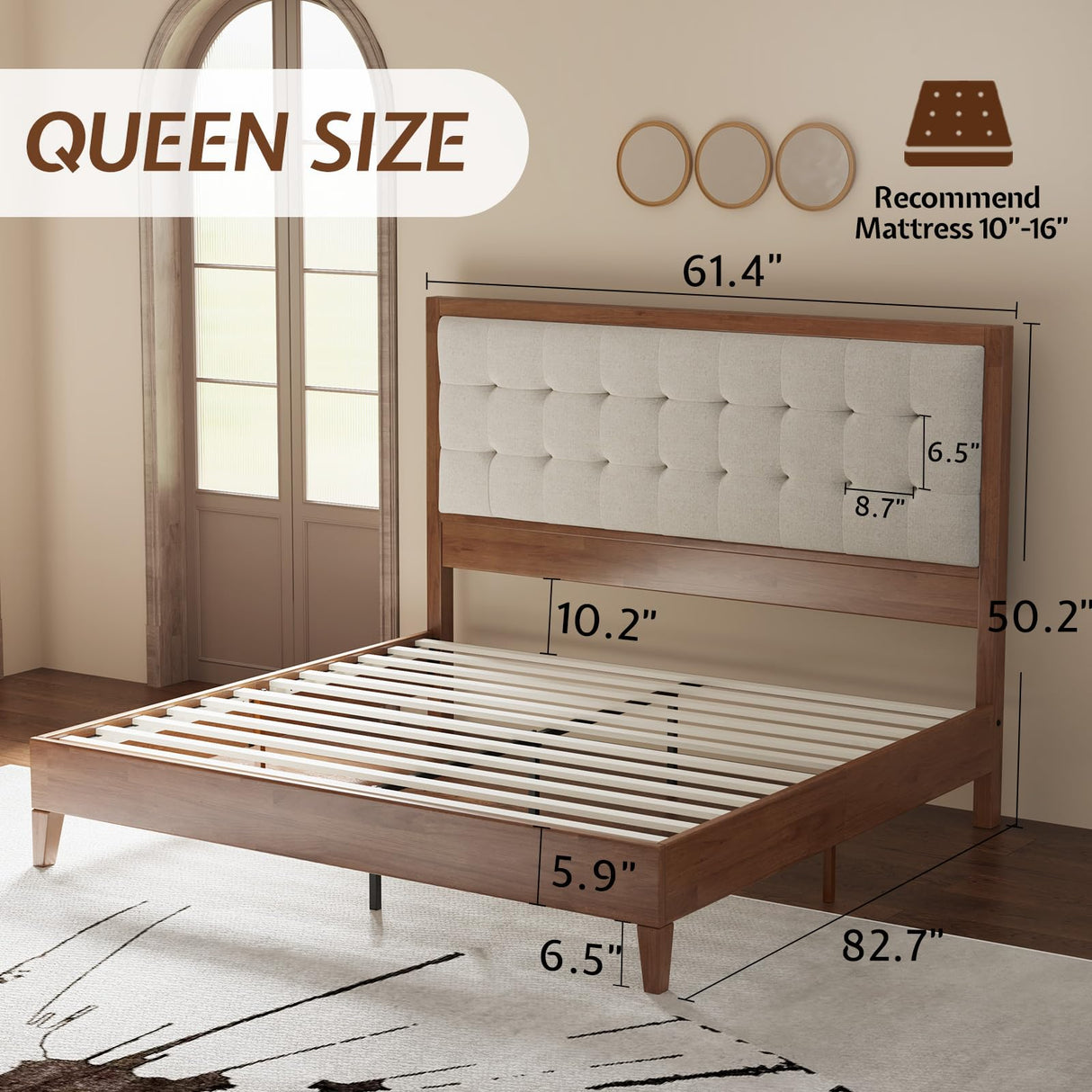 Jocisland Wood Queen Size Bed Frame,Tall Upholstered Tufted Headboard, Solid Wood Platform, No Box Spring Needed, Walnut Jocisland