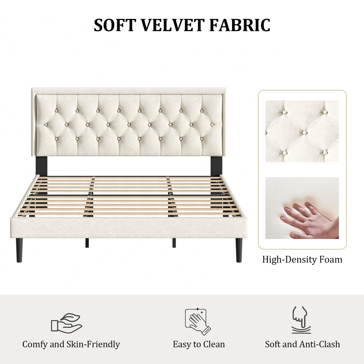 CXVX King Size Platform Bed Frame with Upholstered Velvet Button Tufted Headboard, Mattress Foundation with Wooden Slat Support, No Box Spring Needed, Easy Assembly, Noise Free, Beige CXVX