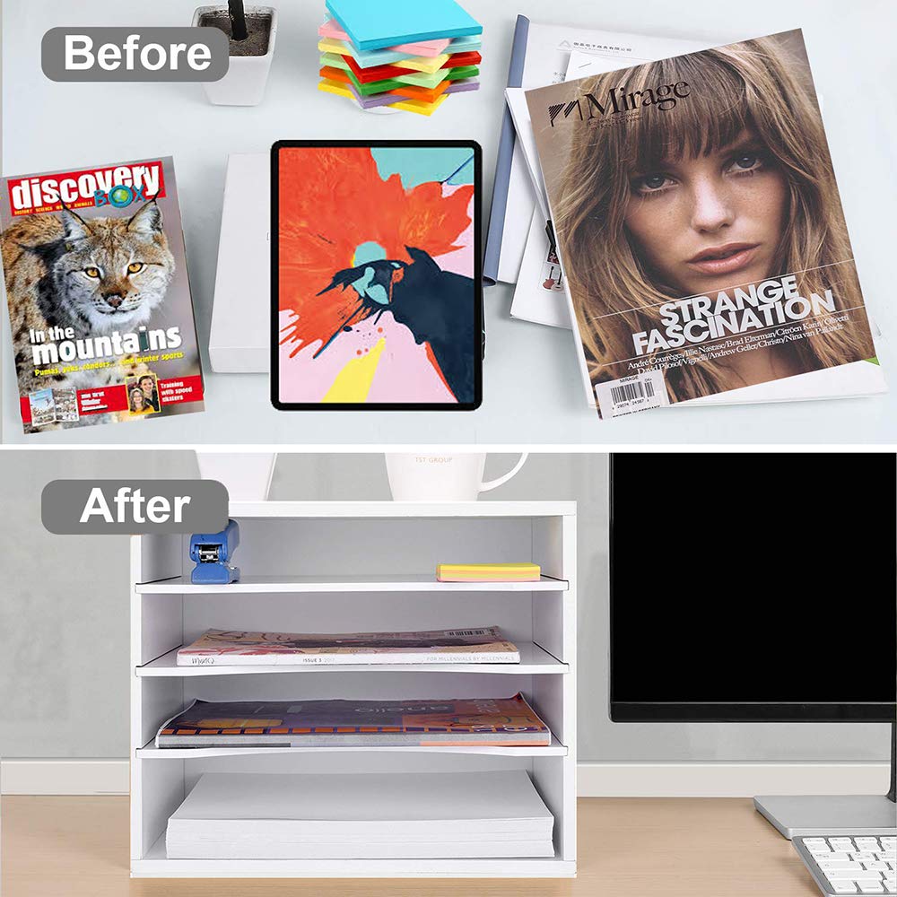 EMERIT Desk Paper Organzier Wood Paper Organizer Storage Office Paper Shelves Letter Tray File Sorter with Adjustable Shelves for Home Office EMERIT