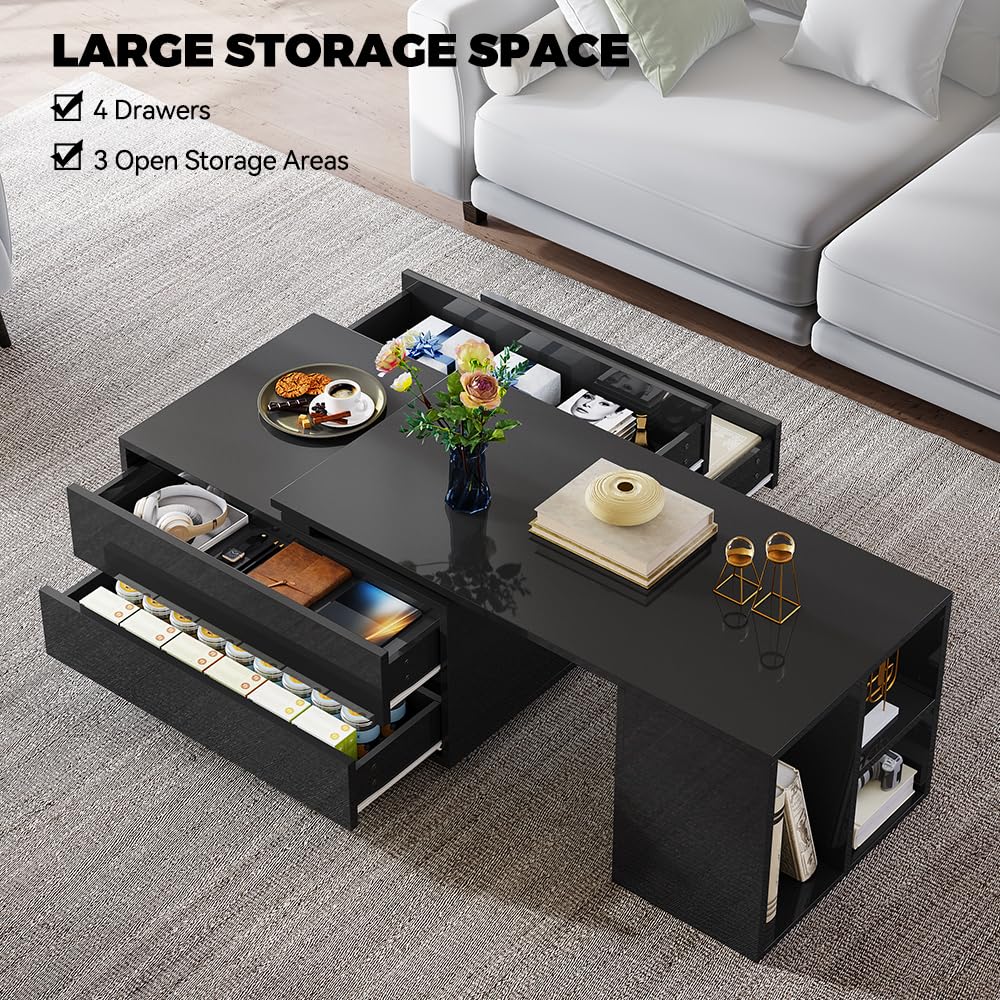 YITAHOME LED Coffee Table with Storage 4 Drawers, Modern Coffee Tables for Living Room, Wooden Rectangle Extendable Center Table with Open Shelves & Sliding Tabletop 35"- 61" for Home Office, Black YITAHOME