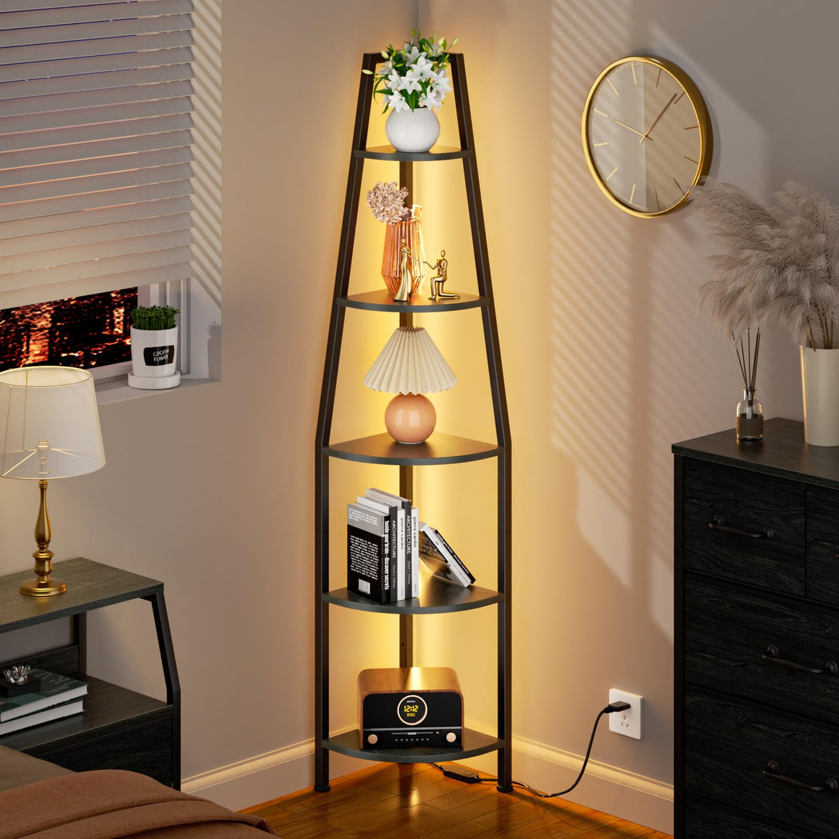 Furnulem 5 Tier Corner Shelf with LED Light, 67.2” Tall Standing Shelf for Wall Corner, Narrow Bookshelf Ladder Shelf for Bedroom, Living Room, Plant, Wood Storage Rack, Metal Frame (Black Oak) Furnulem