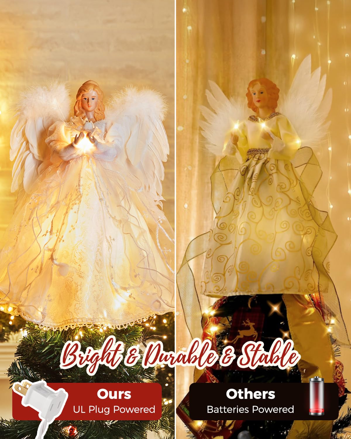 Christmas Tree Topper Angel with Lights, Xmas Tree Toppers Decorations Ornament with White Feather Wings, Plug in Christmas Tree Angel Treetop for Indoor Office Holiday Brightown