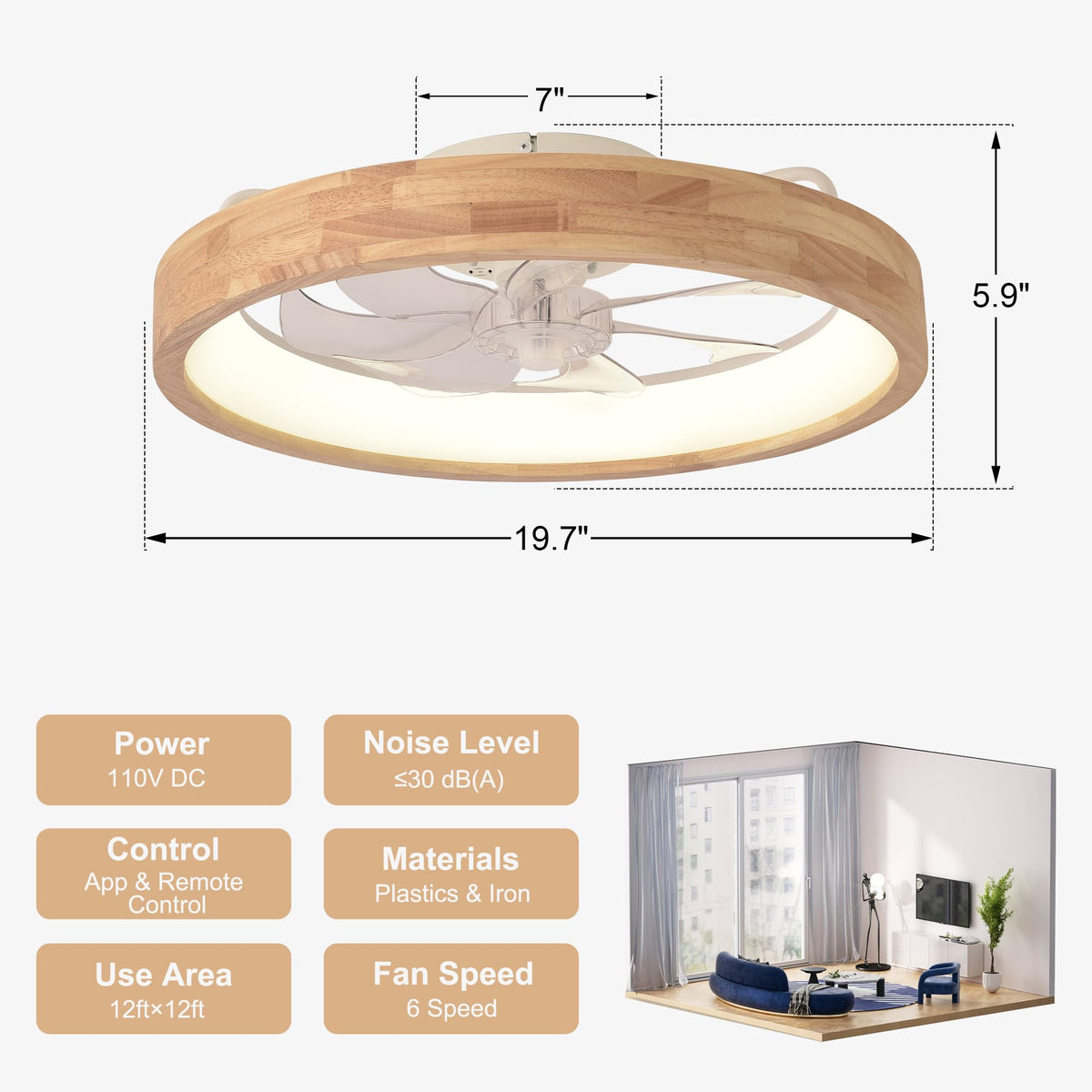 Oaks Aura 20” Ceiling Fan with Light, 3 Color Dimmable LED, 6 Speeds,Reversible DC Motor, Wooden Flush Mount Low Profile Ceiling Fans with Lights and Remote for Bedroom/Kidsroom/Dinng Room Oaks Aura