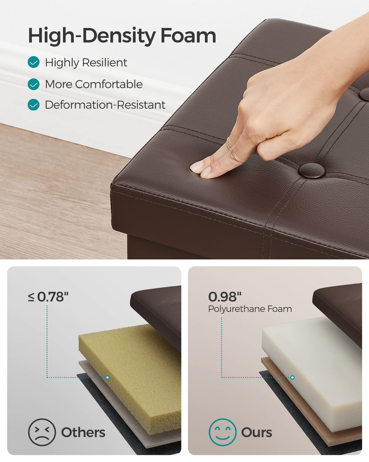 SONGMICS 43 Inches Folding Storage Ottoman Bench, Storage Chest, Footrest, Coffee Table, Padded Seat, Faux Leather, Holds up to 660 lb, Brown ULSF703, L(15 x 43 x 15 Inches) SONGMICS