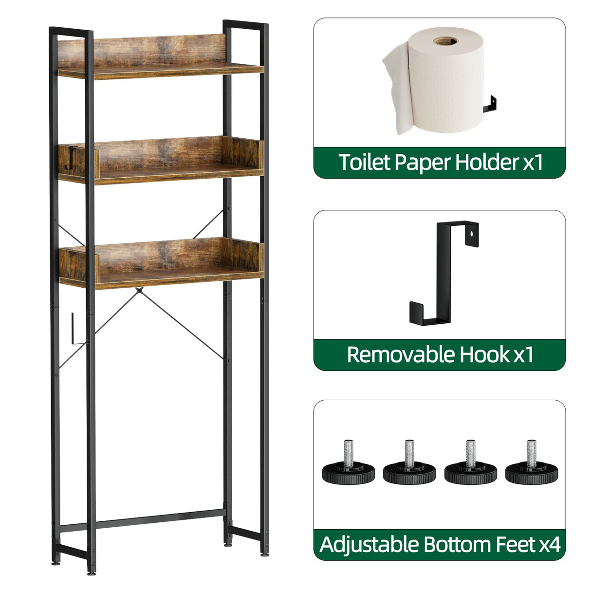 Vintage Brown OTK Over-The-Toilet Storage Rack with 3 Tiers and Toilet Paper Holder OTK