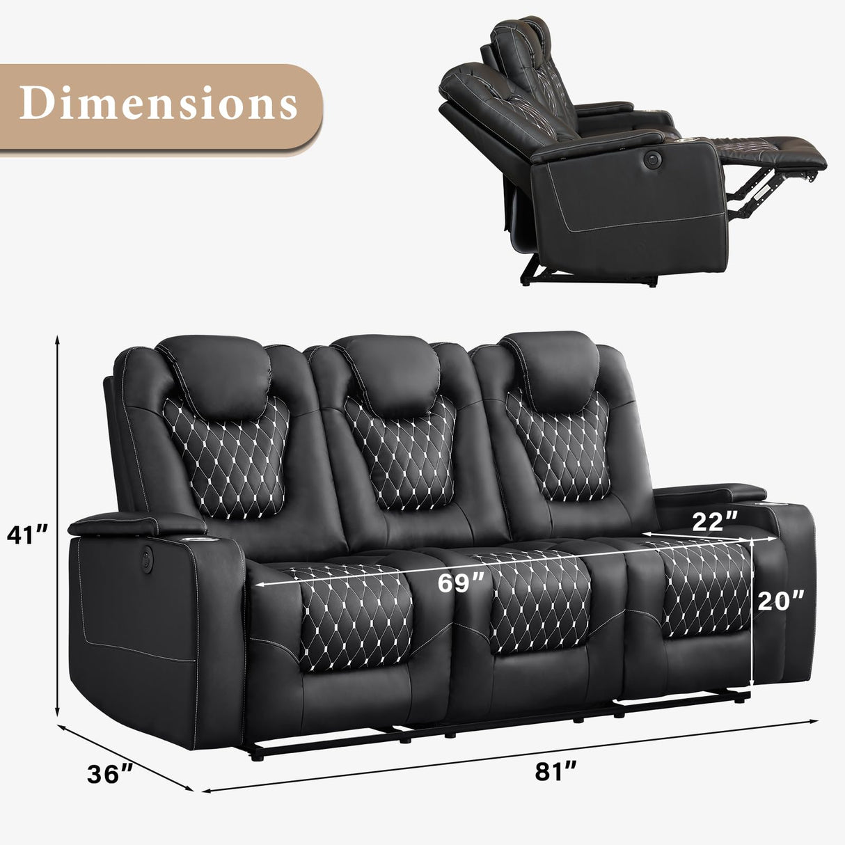 ANJ Recliner Sofa,Power Reclining Couch with USB Ports and Cup Holders - Overstuffed Electric Living Room Seating PU Leather Recliner Sofa Set with Hidden Arm Storage, Easy to Clean (Black) ANJ
