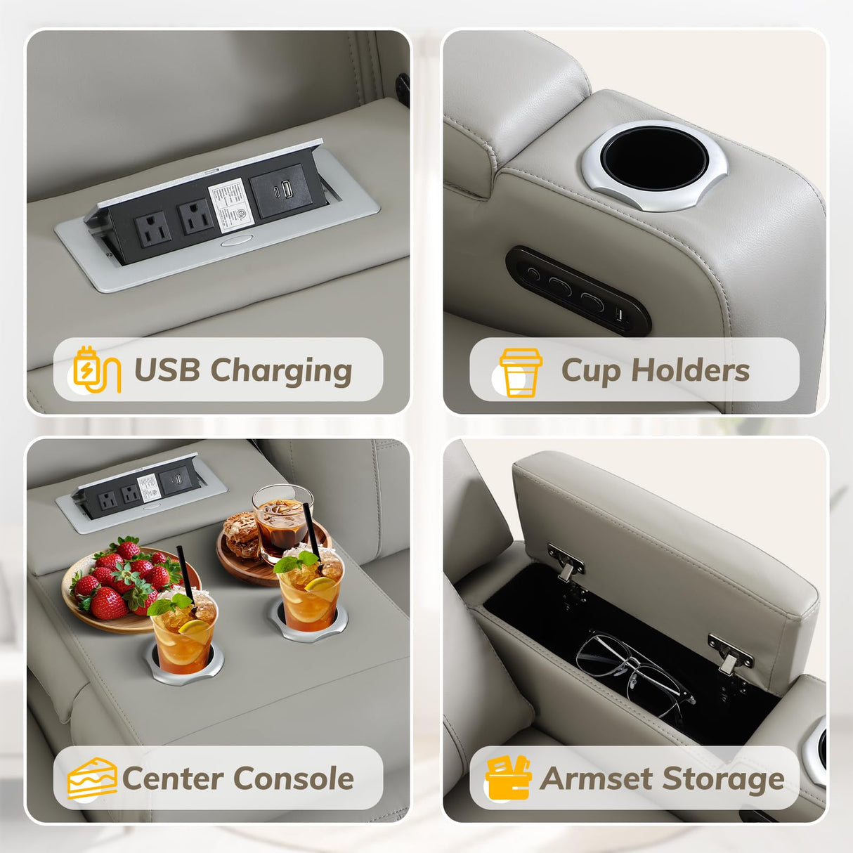 P.H.Furn Power Recliner Sofa, Home Theater Seating with Adjustable Headrest, Blue LED Lighting, Reclining Loveseat, Flip-Up Backrest Storage, Multi-Port Charger, Cup Holder, USB P.H.Furn