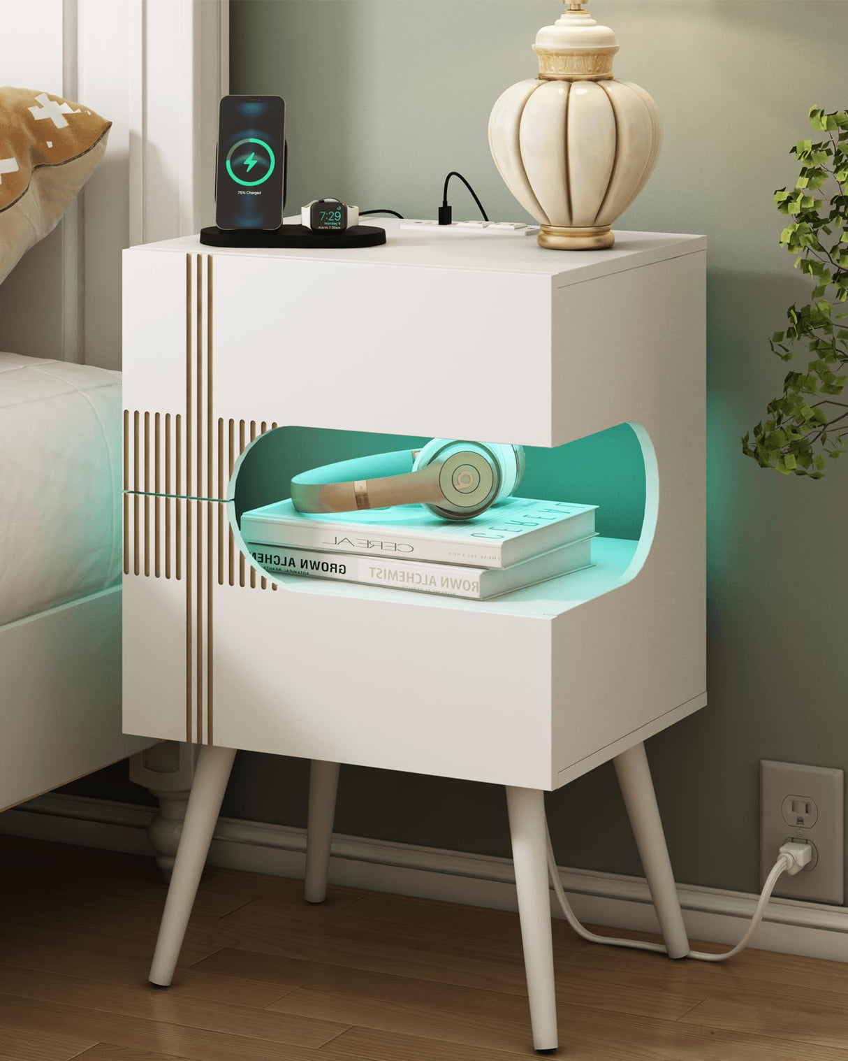 JOONEE White Nightstand with Charging Station and LED Lights,Modern Bedside Table with 2 Storage Drawer,Night Stand with Solid Wood Legs,White (White-2) JOONEE