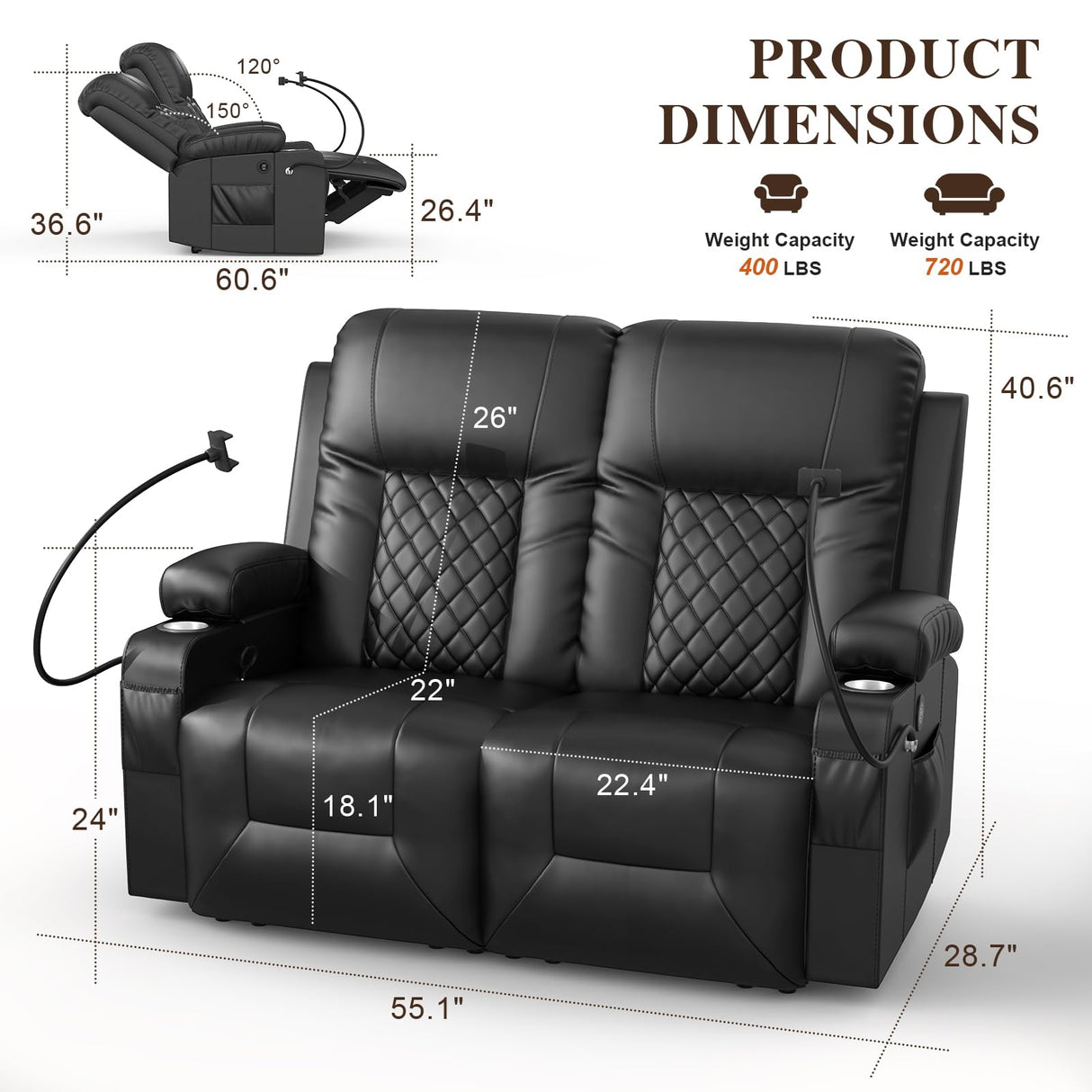 FURNIMAT Loveseat Recliner Sofa Set with 2+1+1 Pieces in Living Room, 2 Seater Reclining Loveseat Leather, 2 Recliner Chairs with 360 Degree Swivel Single Sofa Seat FURNIMAT
