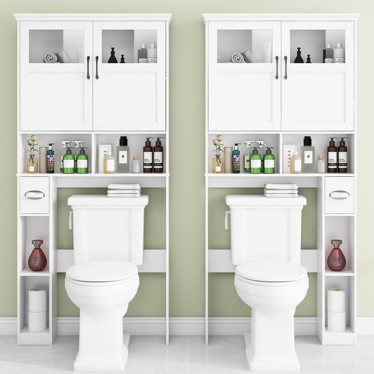 Vabches Over The Toilet Storage Cabinet, Storage Cabinet Over Toilet with Double Doors & Toilet Paper Holder Stand, Freestanding Toilet Shelf Space Saver with Anti-Tip Design & Adjustable Shelf, White Vabches