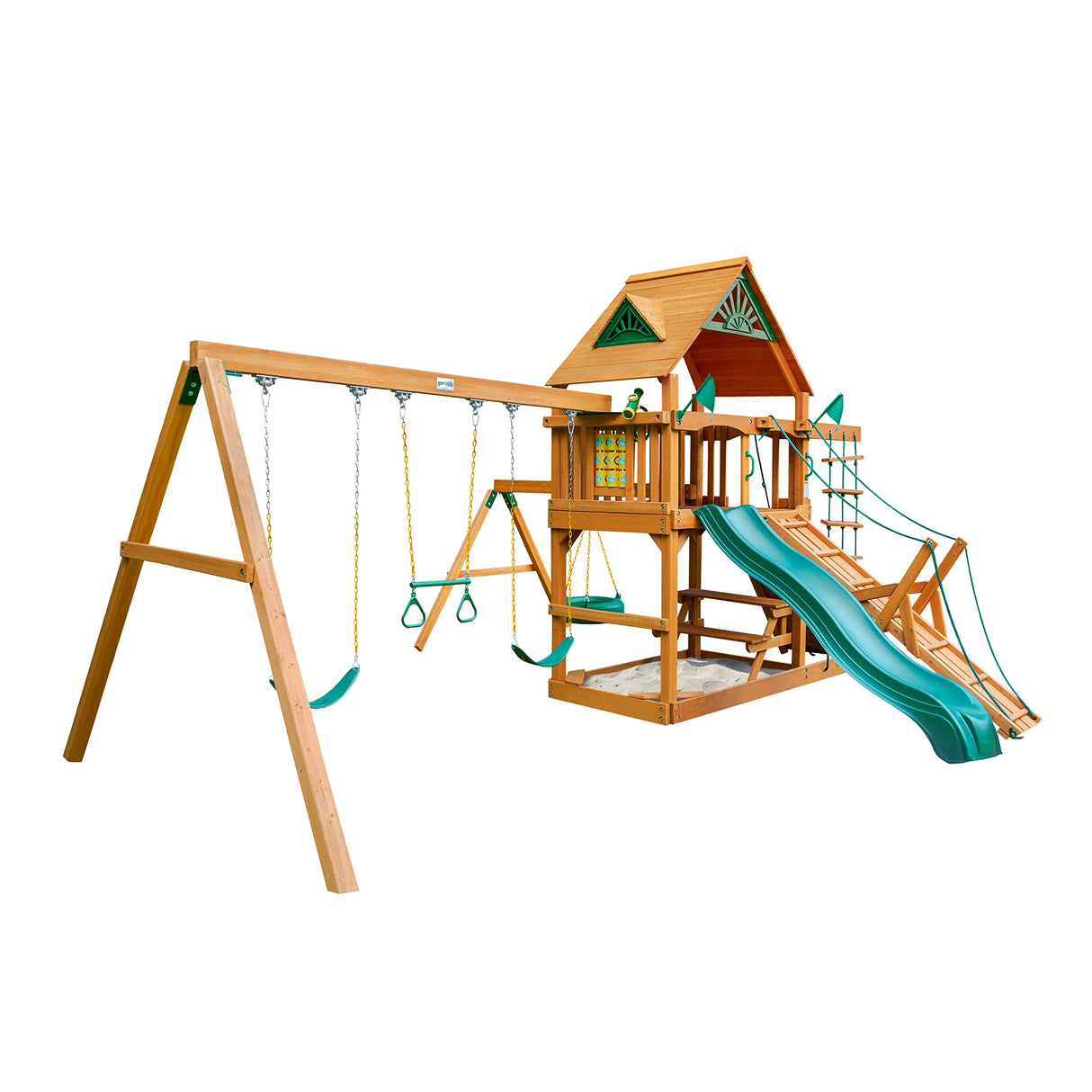 Gorilla Playsets 01-0004-AP Frontier Wood Swing Set with Wood Roof, Tire Swing, Two Belt Swings, Picnic Table, Sandbox, Rock Climbing Wall, Amber Gorilla Playsets