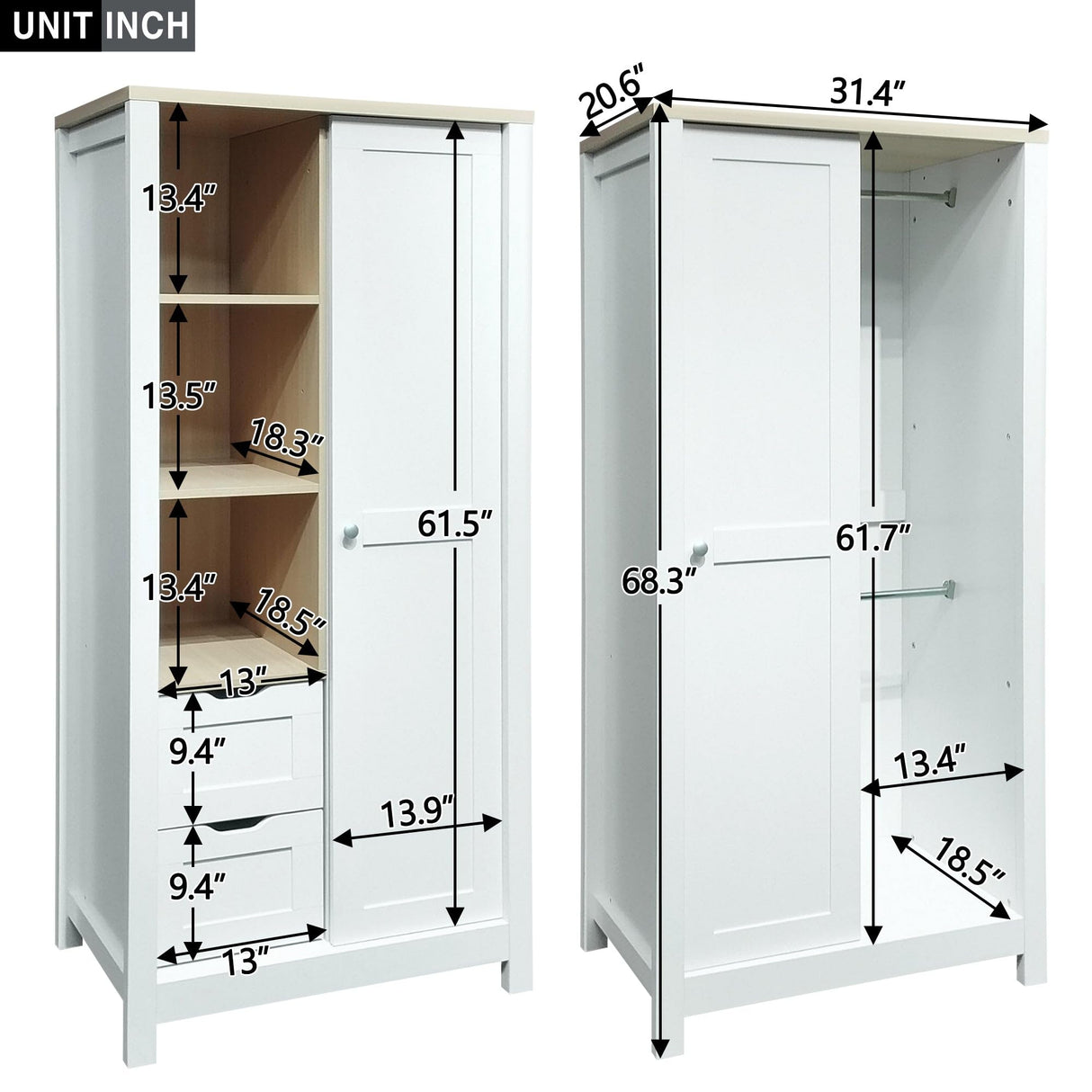 XDOUT Armoire Wardrobe 1 Sliding Door and 2 Drawers, Clothes Cabinet with Hanging Rod, Freestanding Wooden Closets Organization for Bedroom, 31.4″x20.6″x68.3″, White XDOUT
