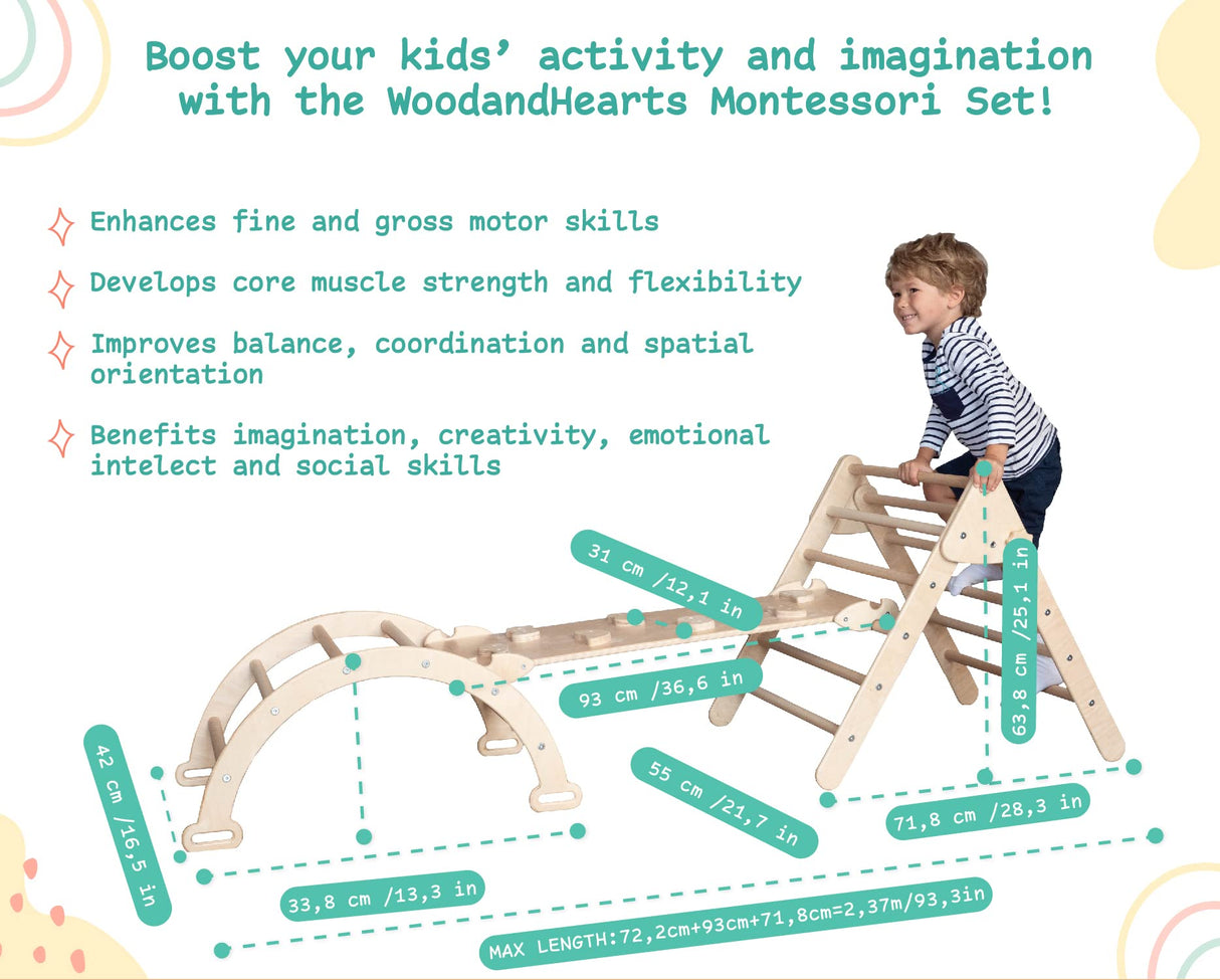 Woodandhearts Indoor Playground: Montessori Climbing Set - Pikler Triangle - Toddler Jungle Gym - Climbing Toys for Toddlers 1-3 Inside Wood And Hearts