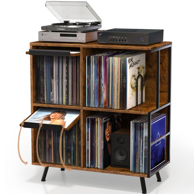 3 Tier Record Player Stand, Flip Top Record Player Cabinet, Mid Century Record Player Table with Shelves Holds up to 300+ Albums, Vinyl Record Storage with 4 U-Dividers for Living Room Bedroom, Brown