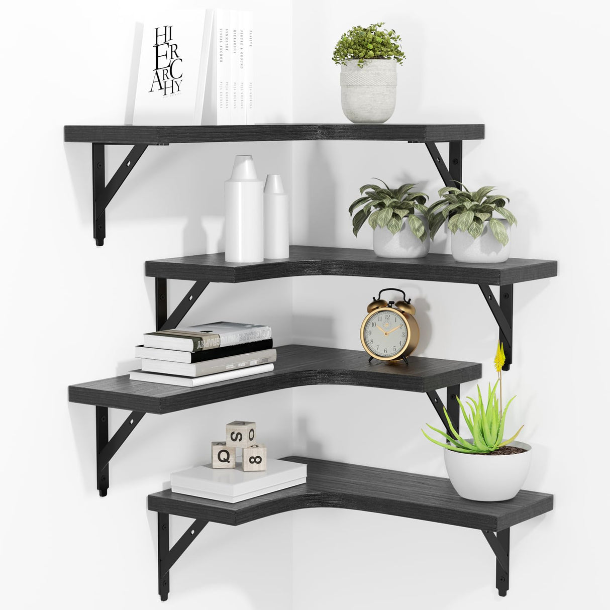 ROMGUAR CRAFT Corner Floating Shelves Wall Mounted Set of 4, Rustic Wood Storage Display Wall Shelves for Home Decor, Bathroom, Kitchen, Bedroom, Living Room, Office (Black) ROMGUAR CRAFT